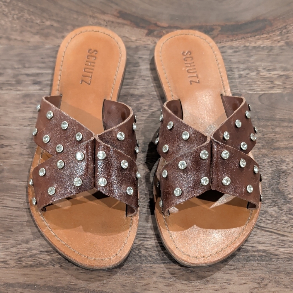 Schutz Gem Studded Brown Leather Slide Sandals